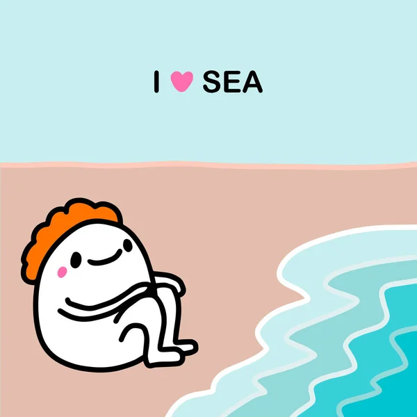 Miluju moře ručně kreslené vektorové ilustrace v kresleném komiksovém stylu muž sedí na břehu — Stockový vektor