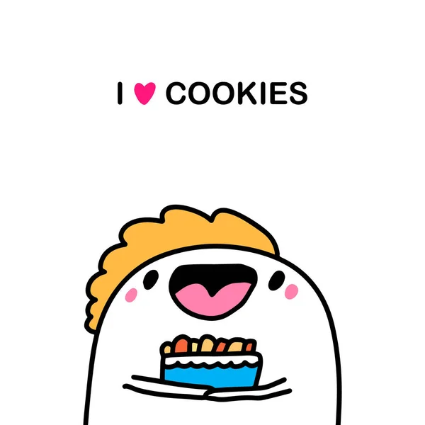 J'aime les cookies dessin à la main illustration vectorielle dans le style bande dessinée homme tenant tasse de desserts — Image vectorielle