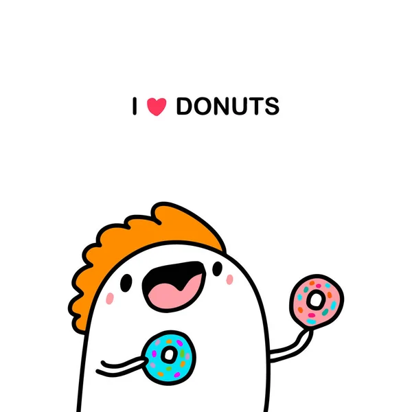 Ik hou van donuts hand getekend vector illustratie in cartoon stripverhaal man met desserts zoet — Stockvector