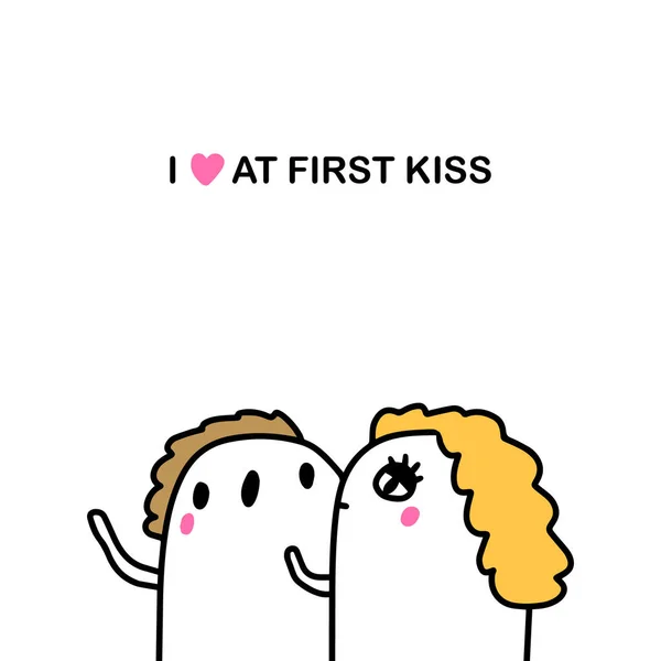 Eu amo no primeiro beijo mão desenhada ilustração vetorial em desenhos animados pessoas estilo cômico juntos namoro — Vetor de Stock