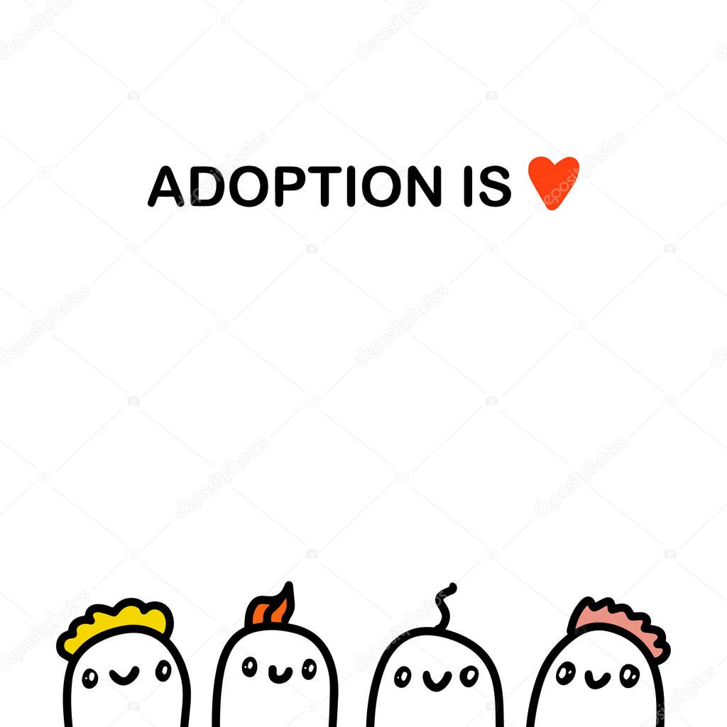 Adoption is love hand drawn vector illustration in cartoon comic style differents kids together faces