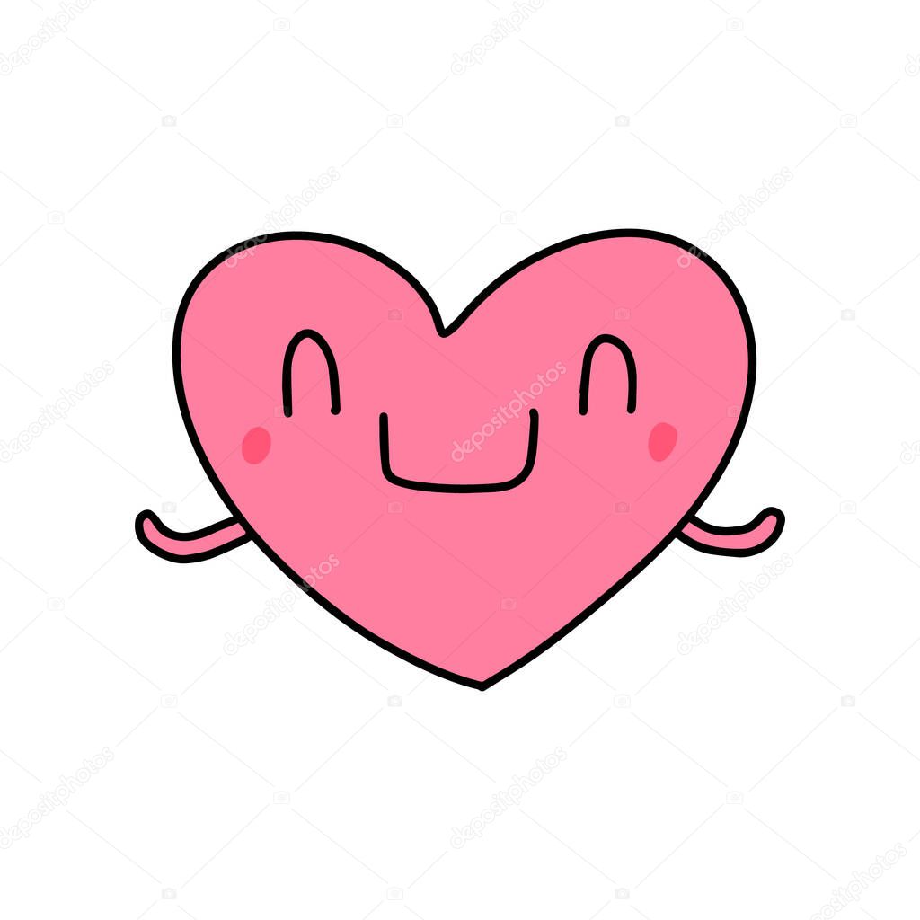 Meditating heart symbol doodle illustration icon in cartoon comic kawaii face love pink