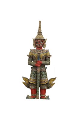 Wat Phra Kaew 'de beyaz arka planı olan dev iblis koruyucu dev heykeller.