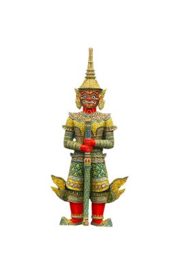 Wat Phra Kaew 'de beyaz arka planı olan dev iblis koruyucu dev heykeller.