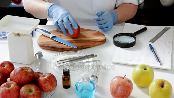 Проверка красного яблока в пищевой лаборатории — стоковое видео