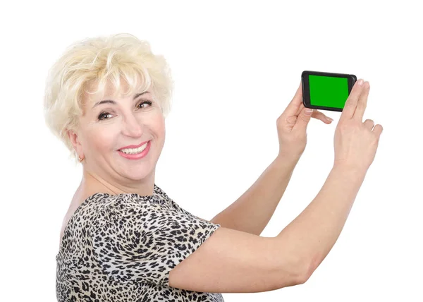 Kvinna skytte foto av mobiltelefon med Färgtransparens — Stockfoto