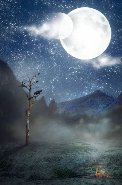 Zwei Monde über einem verdorrten Baum — Stockfoto