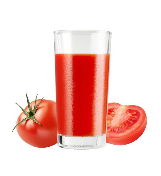 Glass of fresh healthy red juice with tomatoes isolated on white background, with clipping path