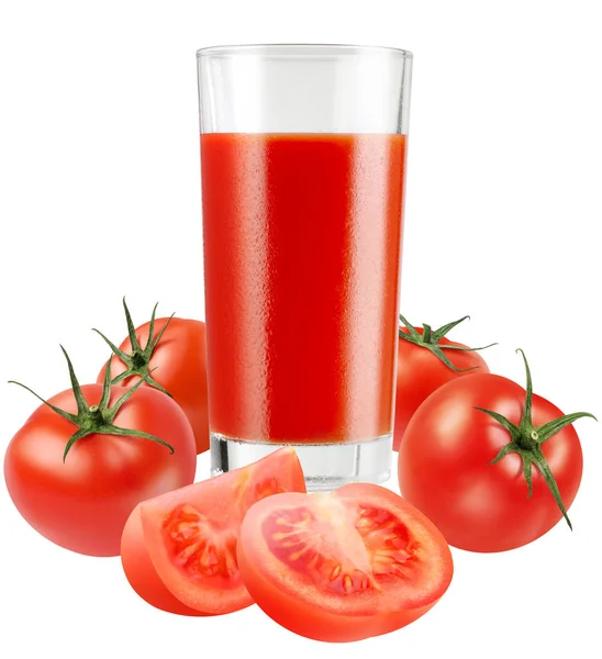 Copo Suco Vermelho Saudável Fresco Com Tomates Isolados Fundo Branco — Fotografia de Stock