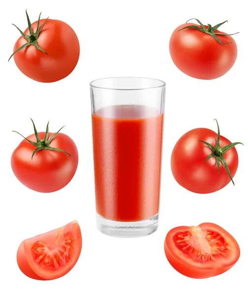Copo Suco Vermelho Saudável Fresco Com Tomates Isolados Fundo Branco — Fotografia de Stock