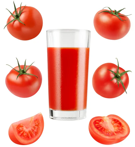 Vaso Zumo Rojo Sano Fresco Con Tomates Aislados Sobre Fondo — Foto de Stock