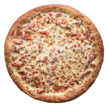 Beyaz arka planda izole edilmiş taze İtalyan pizzası. Üst manzara, düz uzanma