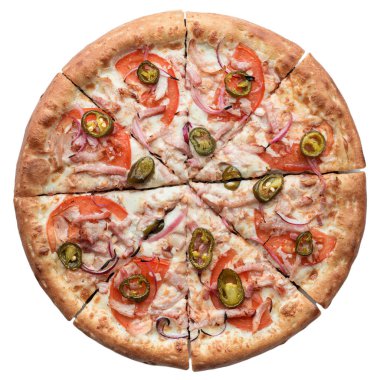 Beyaz arka planda izole edilmiş taze İtalyan pizzası. Üst manzara, düz uzanma