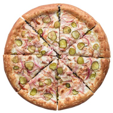 Beyaz arka planda izole edilmiş taze İtalyan pizzası. Üst manzara, düz uzanma