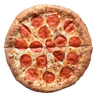 Pizza pepperonisi. Beyaz arka planda izole edilmiş taze İtalyan pizzası. Üst manzara, düz uzanma
