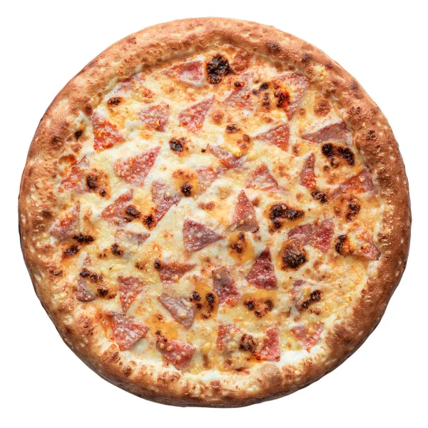 Heiße frisch gebackene italienische Pizza isoliert auf weißem Hintergrund. Draufsicht, flache Lage — Stockfoto