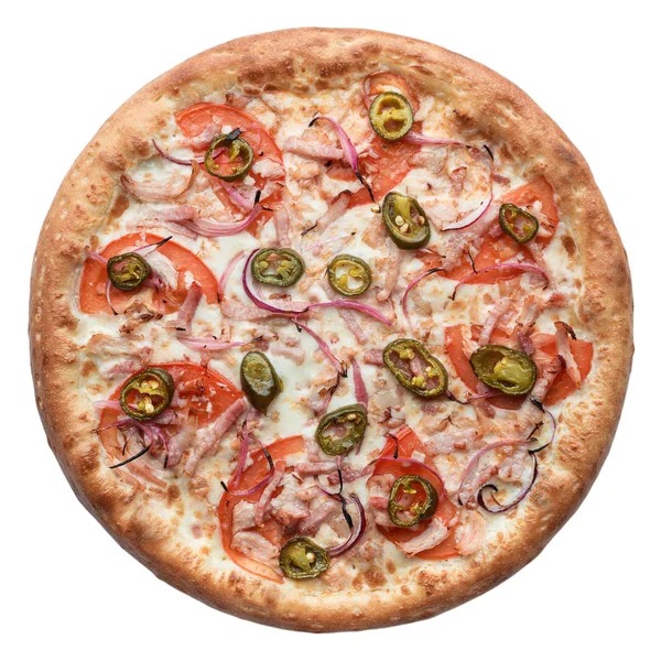 Beyaz arka planda izole edilmiş taze İtalyan pizzası. Üst manzara, düz uzanma