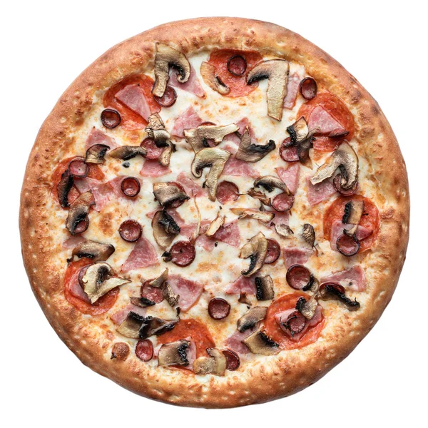 Pizza italiana cozida no forno fresca quente isolada no fundo branco. Vista superior, flat lay — Fotografia de Stock