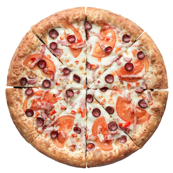 Heiße frisch gebackene italienische Pizza isoliert auf weißem Hintergrund. Draufsicht, flache Lage — Stockfoto