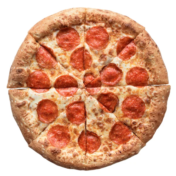 Pizza pepperoni. Pizza italiana cozida no forno fresca quente isolada no fundo branco. Vista superior, flat lay — Fotografia de Stock