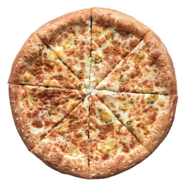 Ζεστό φρέσκο ψημένο ιταλική πίτσα απομονώνονται σε λευκό φόντο. Πάνω άποψη, επίπεδη lay — Φωτογραφία Αρχείου