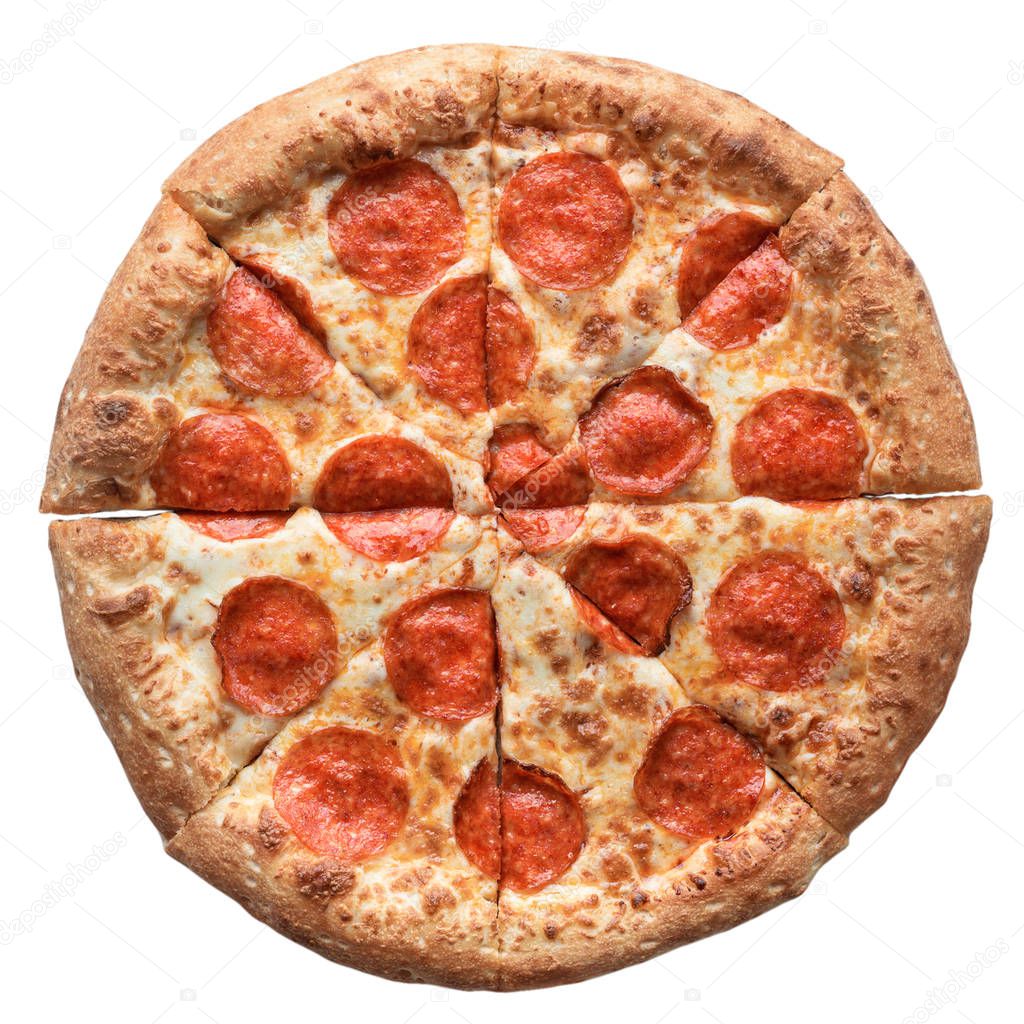Pizza pepperoni. Hot fresh baked Italian pizza isolated on white background. Top view, flat lay