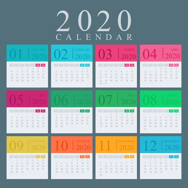 Kalender warna-warni untuk tahun 2020 dengan latar belakang gelap - Stok Vektor