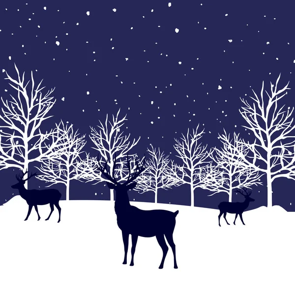 Χειμερινή χιονισμένη νύχτα με ελάφια ανάμεσα στα δέντρα — Διανυσματικό Αρχείο