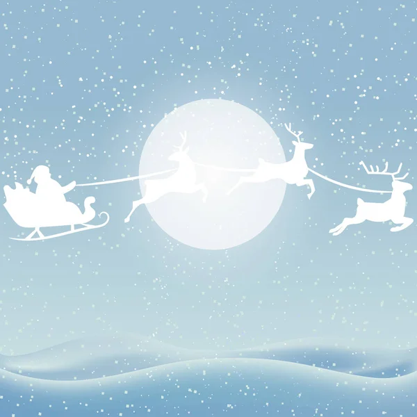 Noel Baba karların ve ayın arka planında geyiklerin üzerinde uçar. Telifsiz Stok Illüstrasyonlar