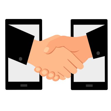 Beyaz arka planda telefon üzerinden el sıkışma işi