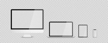Şeffaf arkaplanda gerçekçi moda tasarımlı aygıtlar. Boş ekranlı bilgisayar tableti ve akıllı telefon seti. Model yap. Boş ekran izole edildi.