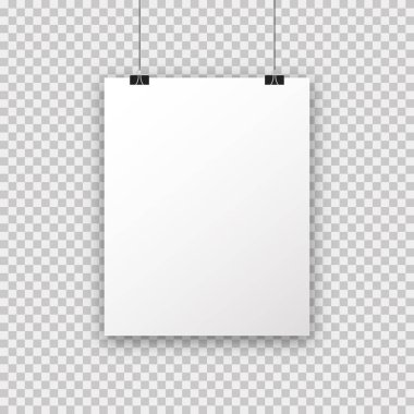 Beyaz poster a4 'ü klasörde asılı. Şeffaf arka planda gerçekçi gölgeli bir poster. Kağıt maketi. Beyaz boş. Gerçekçi izole edilmiş vektör modeli. Fotoğraf çerçevesi maketi.