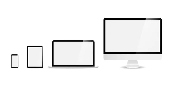 Geräte in realistischem Trenddesign auf weißem Hintergrund. Computer-Laptop-Tablet und Smartphone mit leeren Bildschirmen. Attrappe. leerer Bildschirm isoliert. — Stockvektor