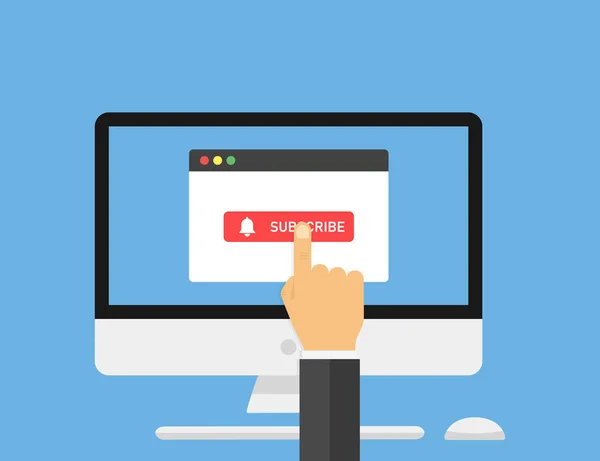 Tarayıcı pencereli, düğmeli bir bilgisayar. Tuş aboneliğinin el sayısı. Sosyal medya elemanı. Vektör web ögesi. Sosyal medya kanalı. Çevrimiçi abone vektör düğmesi tasarımı.