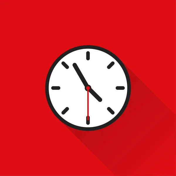 Clock icon in flat style on red background with shadow. Isolated — Stock Vector