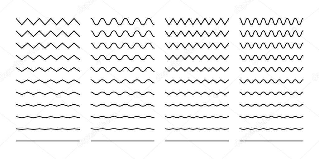 Wave set in abstract style on white background. Decoration element. Geometric design. Vector illustration ocean. Vector line design. Vector sound wave. Vector graphic set.