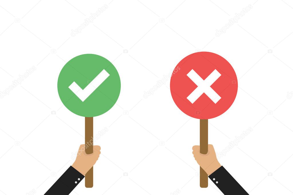 Hand holdinding check mark and cross signs isolated vector on white background. Checkmark right symbol tick sign. Modern flat vector illustration.