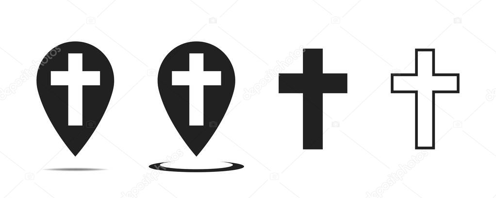 Christian cross vector sign. Pointer with cross inside. Church p