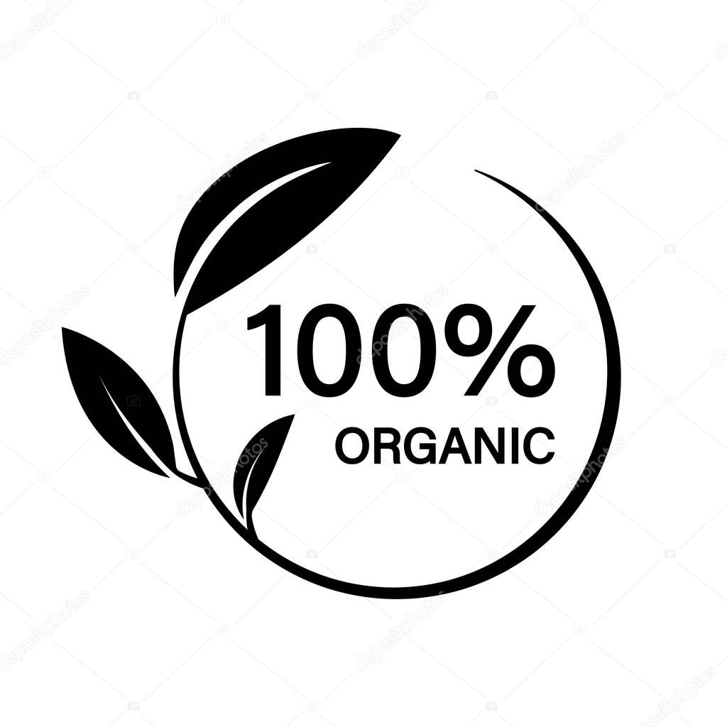 100% organic. Leaf icon nature symbol vector logo template. Isolated vector icon. Ecology farm eco food.Fresh organic food. EPS 10