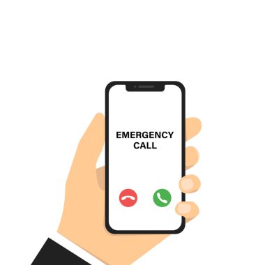 Acil telefon var. Vektör çizimi. El ele tutuşan telefon. Acil aramalı akıllı telefon. Cep telefonu modellemesi. Akıllı telefon teknolojisi. EPS 10