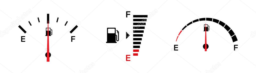 Fuel gauge indicators. Vector isolated illustration icons. Gasoline indicatiors vector collection icons. Gas meter set elements. EPS 10