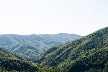 Gökyüzü ve dağlarla kaplı yüksek açılı manzara ve yeşil ağaçlarla kaplı vadi