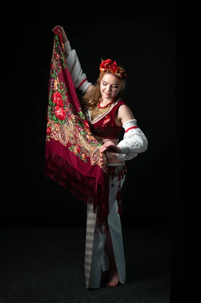 Attractive Woman National Folk Slavic Costume Wreath Vest Skirt Sleeves — 스톡 사진