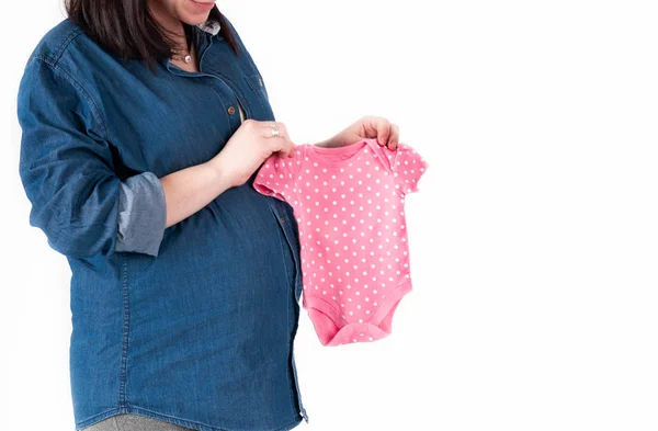 Cropped View Pregnant Woman Blue Jeans Shirt Holding Tummy Pink — Stock Photo, Image