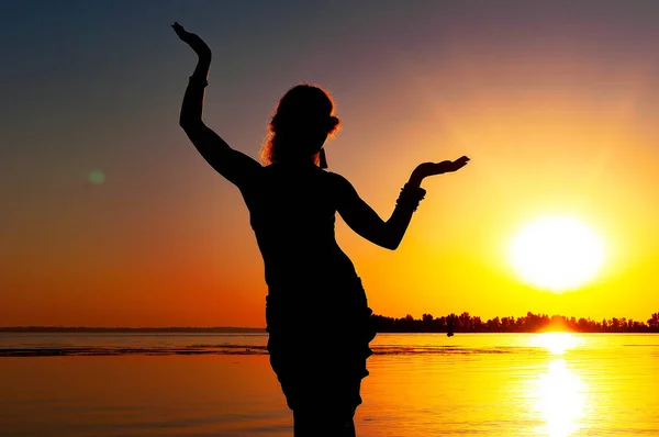 Dark Silhouette Slim Woman Hands Air Meeting Dawn Illuminated Sunshine — Stock Photo, Image