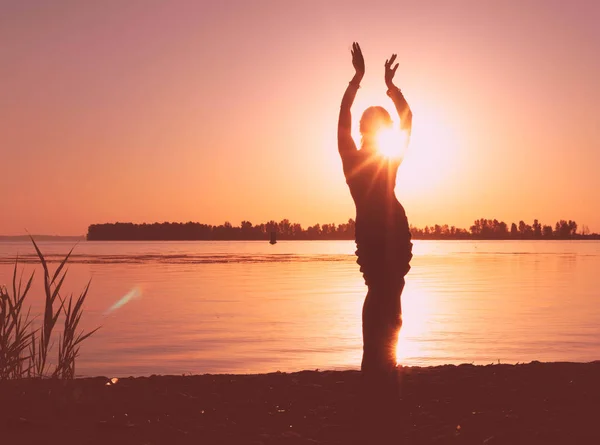 Glowing Silhouette Slim Woman Hands Air Illuminated Sunshine Dancing Traditional — Stock Photo, Image