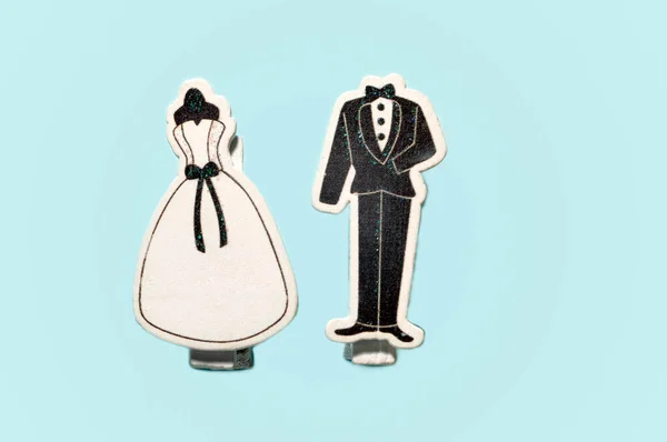 Top View Decorative Classic Wedding Dress Black Groom Tuxedo Clips — Stock Photo, Image