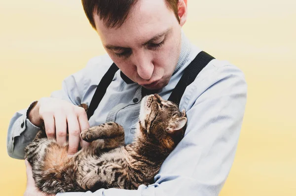 cropped view of good-looking man in blue shirt and suspender holding and petting cute brown tabby cat on back and showing air kiss on yellow background with copy space