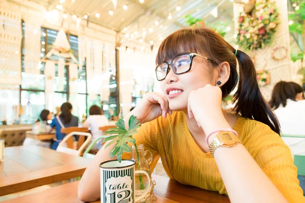 Asian Hipster Nerd Glasses Women Sitting Coffee Shop Cafe Background — Stock Photo, Image