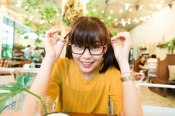 Asian Hipster Nerd Glasses Women Sitting Coffee Shop Cafe Background — Stock Photo, Image